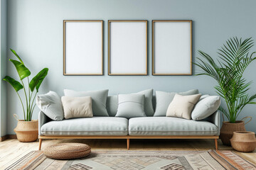 Frames mock up on color wall hanging above cozy home sofa. Modern living room comfortable stylish trendy couch posters decor background. Empty blank pictures canvas interior design decoration mockup .