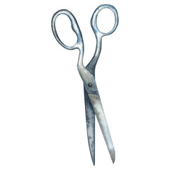 Watercolor illustration of an old metallic scissors. An old rusty enamel element. Hand-drawn in watercolor isolated on white background. Perfect for postcards, packaging of sewn things, needlework.