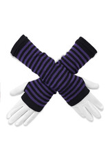 Close-up photo of a pair of striped fingerless gloves with thumbhole. Long black and purple glovelettes are isolated on a white background. Front view.