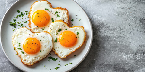 Heart-Shaped Fried Egg on Plate on simple background with copy space. Morning breakfast banner template. Egg in a heart shape, love. 
