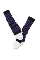 Close-up photo of a pair of striped fingerless gloves with thumbhole. Long black and purple glovelettes are isolated on a white background. Front view.