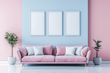 Frames mock up on color wall hanging above cozy home sofa. Modern living room comfortable stylish trendy couch posters decor background. Empty blank pictures canvas interior design decoration mockup .