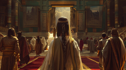 Queen Esther, Jewish woman, walking down hallway, ancient times - obrazy, fototapety, plakaty