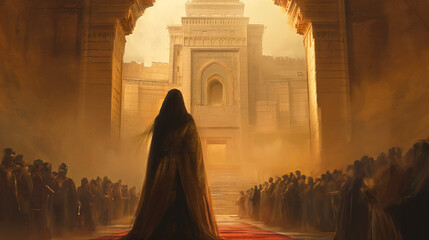 Queen Esther, Jewish woman, walking down hallway, ancient times