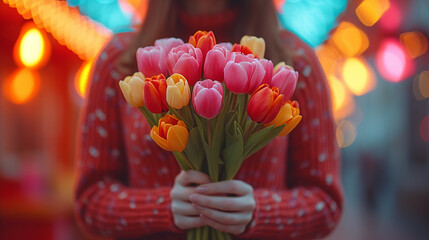 Close up of a woman hands holding vibrant bouquet colourful tulips