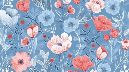 Flower doodle, seamless pattern, on blue pastel background. Generative Ai