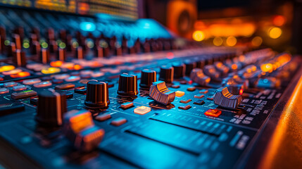 close up shot detail sound mixer control panel button in natural light. DJ or studio sound mixer...