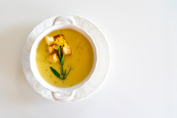 pumpkin soup beautiful decorated by bread and vegetable flower