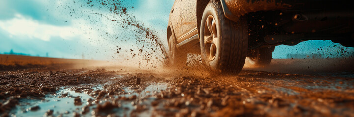 Getting off the beaten path. Car wheels on steppe terrain splashing with dirt. SUV or offroader on mud road. Car racing offroad. Offroad car in action. Dirty car drive on high speed