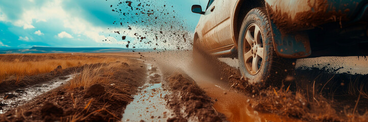 Getting off the beaten path. Car wheels on steppe terrain splashing with dirt. SUV or offroader on...