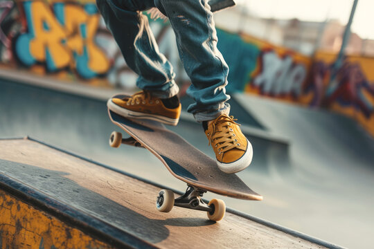 Teenager skateboarder doing trick with skateboard in skatepark, Leisure activity and extreme sport concept