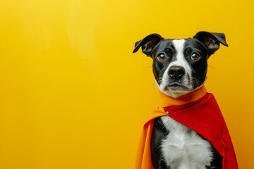 Dog wearing superhero costume on yellow background with copy space