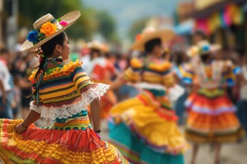 The cheerful rhythm of a community coming together in heritage festival attire, great for educational materials on global cultures or event flyers..
