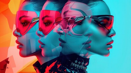 Futuristic fashion and style trends background, A chic, luminous presentation of vibrant, reflective eyewear, great for showcasing visionary fashion-forward concepts or tech accessory designs..