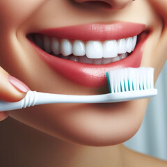Closeup portrait of beautiful young woman with healthy teeth and toothbrush