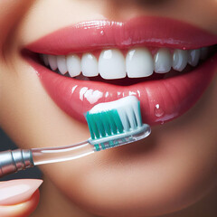 Obraz premium Closeup portrait of beautiful young woman with toothbrush and healthy teeth