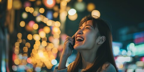 Asian woman, phone call and laughing at night in city for funny joke, conversation or outdoor travel. Happy female person smile and talking on mobile smartphone in late evening for discussion in town
