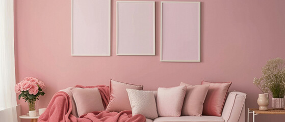 Frames mock up on color wall hanging above cozy home sofa. Modern living room comfortable stylish trendy couch posters decor background. Empty blank pictures canvas interior design decoration mockup .