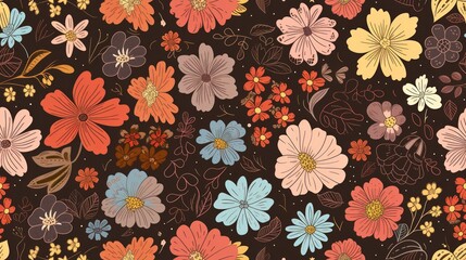 flower, doodle, seamless pattern, on brown background. Generative Ai