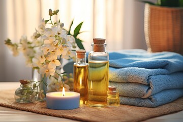 a set of oils and spa towels on a wooden surface, warm light, blurred background with bluish accents