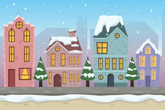 Flat Winter Town Cityscape Scenery Background