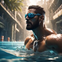 A man in a swimming pool paris - obrazy, fototapety, plakaty