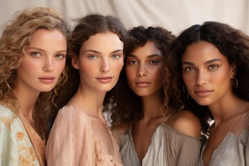 Obraz premium composite portrait of mug shots of a variety of serious young women including women of all ethnicities, races and geographies around the world against a background of Peach Fuzz