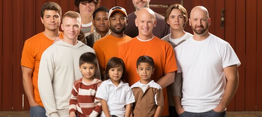 composite portrait of mug shots of a variety of serious young and old men, including all ethnic, racial and geographic Men on Peach Fuzz Background - obrazy, fototapety, plakaty