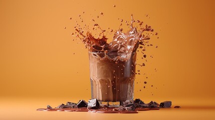 a chocolate milkshake splashing into a glass of chocolate milkshake with chocolate chunks scattered around it on an orange background.