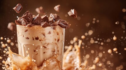 a milkshake with chocolate toppings on top of it in the middle of a pile of chocolate chips.