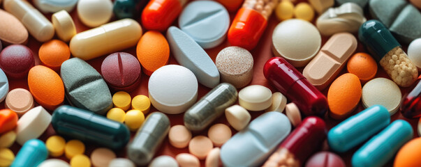 close-up of various pharmaceutical pills and capsules spread out, highlighting the range of modern medicine