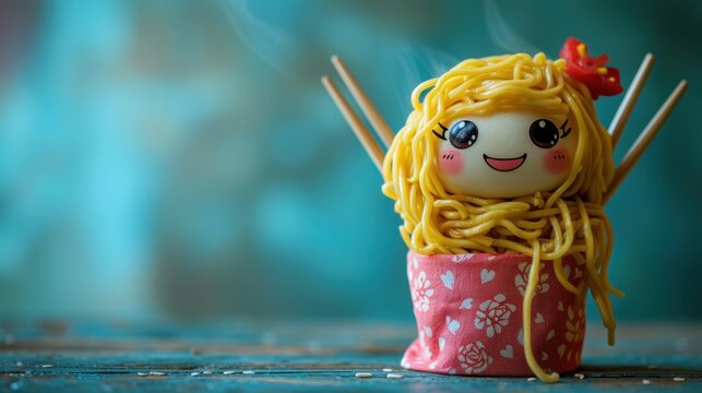 a doll with noodles in a cup with chopsticks sticking out of the top of it's head.
