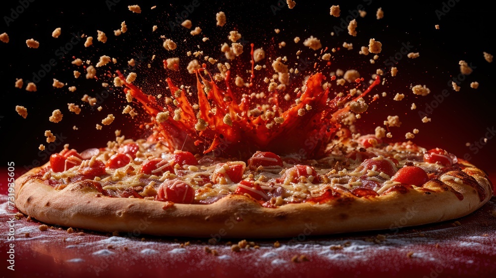 Wall mural a pizza topped with lots of toppings on top of a red table covered in red sauce and sprinkles. - Wall murals