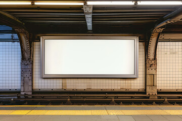 Subway Billboard Canvas: A pristine white billboard awaits your message in the heart of a bustling subway station, offering prime advertising space for urban audiences.