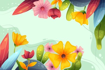 Nature Spring Landscape Background Illustration With Colorful Flower Leaves Floral