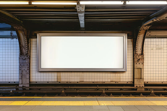 Subway Billboard Canvas: A pristine white billboard awaits your message in the heart of a bustling subway station, offering prime advertising space for urban audiences.