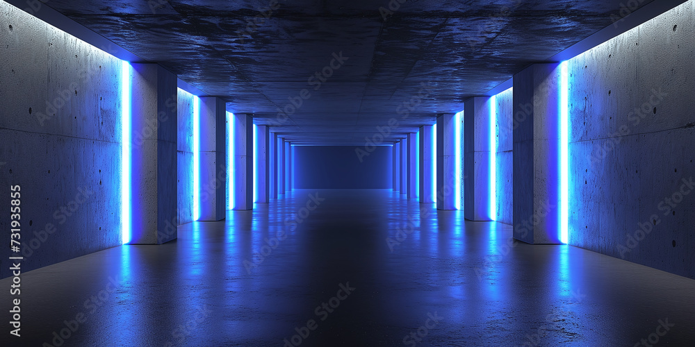Poster 3d rendering of a dark corridor with columns illuminated by blue neon lights
