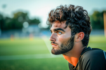 Portrait of amateur high school soccer football player with blurred football field