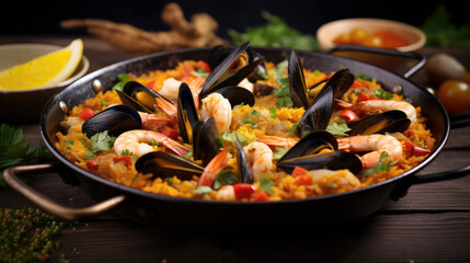 Healthy paella meal with seafood, meat, and fresh vegetables cooked