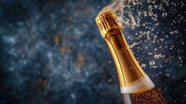 a close up of a bottle of champagne with water splashing out of the top and on the bottom of the bottle.