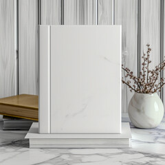 blank hardcover canvas book mock up on marble table with decoration