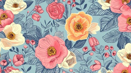flower, doodle, seamless pattern, on green pastel background