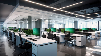 Modern accounting office. Dynamic Financial Hub: A cutting-edge, high-tech accounting office showcasing modern technology, teamwork, and efficiency in a sleek and stylish workspace