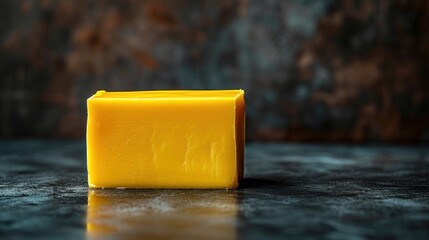 a block of yellow soap sitting on top of a black counter next to a brick of soap on top of a table. - obrazy, fototapety, plakaty
