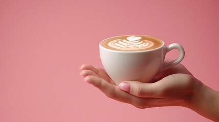 a woman's hand holding a cup of latte on a pink background with a leaf in the foam. - obrazy, fototapety, plakaty