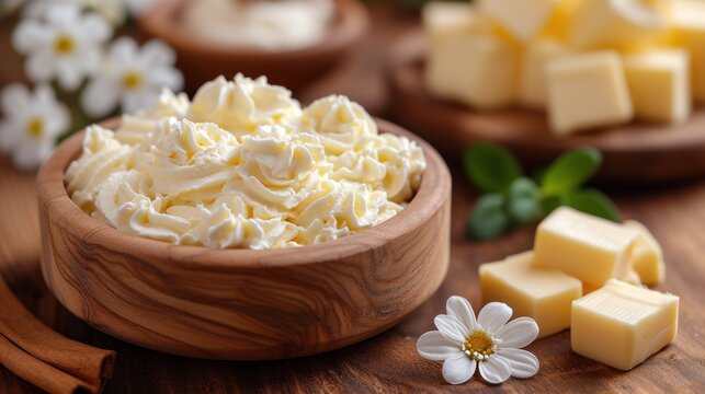 a wooden bowl filled with whipped cream next to small white flowers and a few slices of butter on a cutting board.