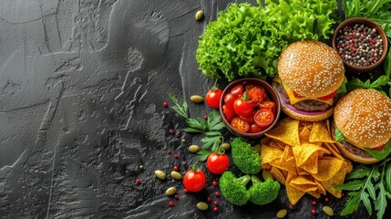 a hamburger with lettuce, tomatoes, onion, lettuce and other vegetables on a black background.