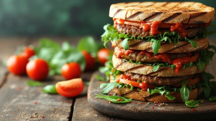 a stack of sandwiches sitting on top of a wooden cutting board next to a pile of tomatoes and lettuce.