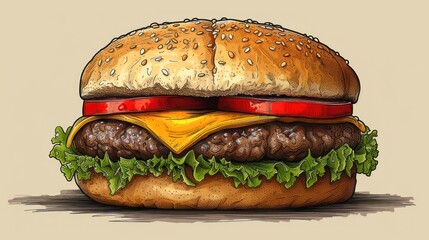 a drawing of a cheeseburger with lettuce and tomato slices on a sesame seed bun with a bite taken out of it.