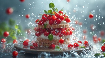 a cake sitting on top of a plate covered in frosting and topped with lots of cherries on top of a table.